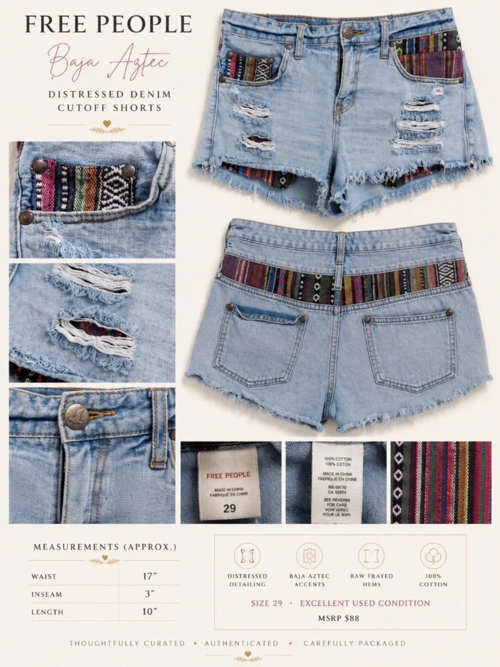 Free People Baja Aztec Distressed Denim Cutoff Shorts Size 29 Boho Festival